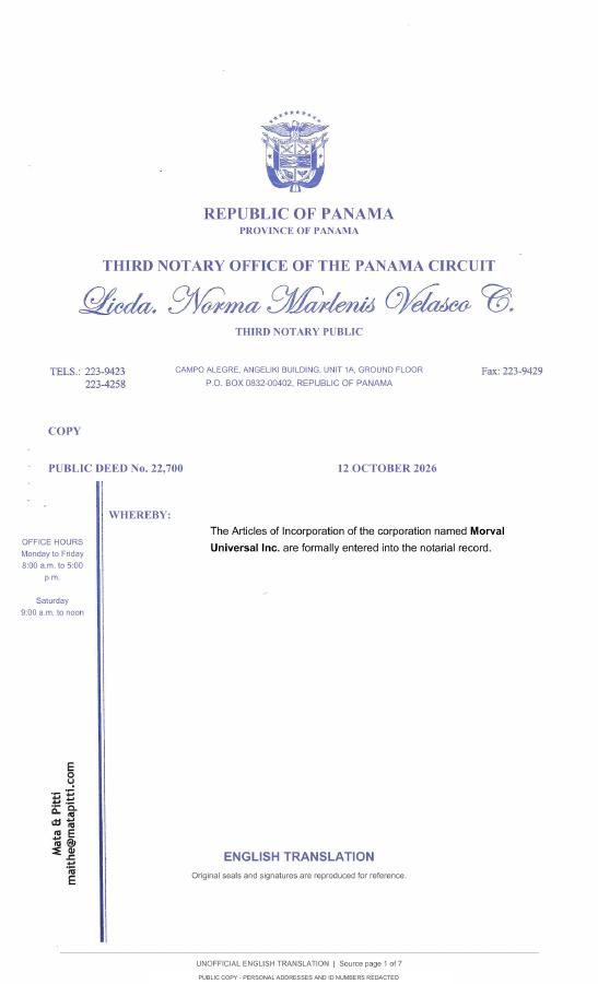 First page of Morval Universal Inc. Articles of Incorporation
