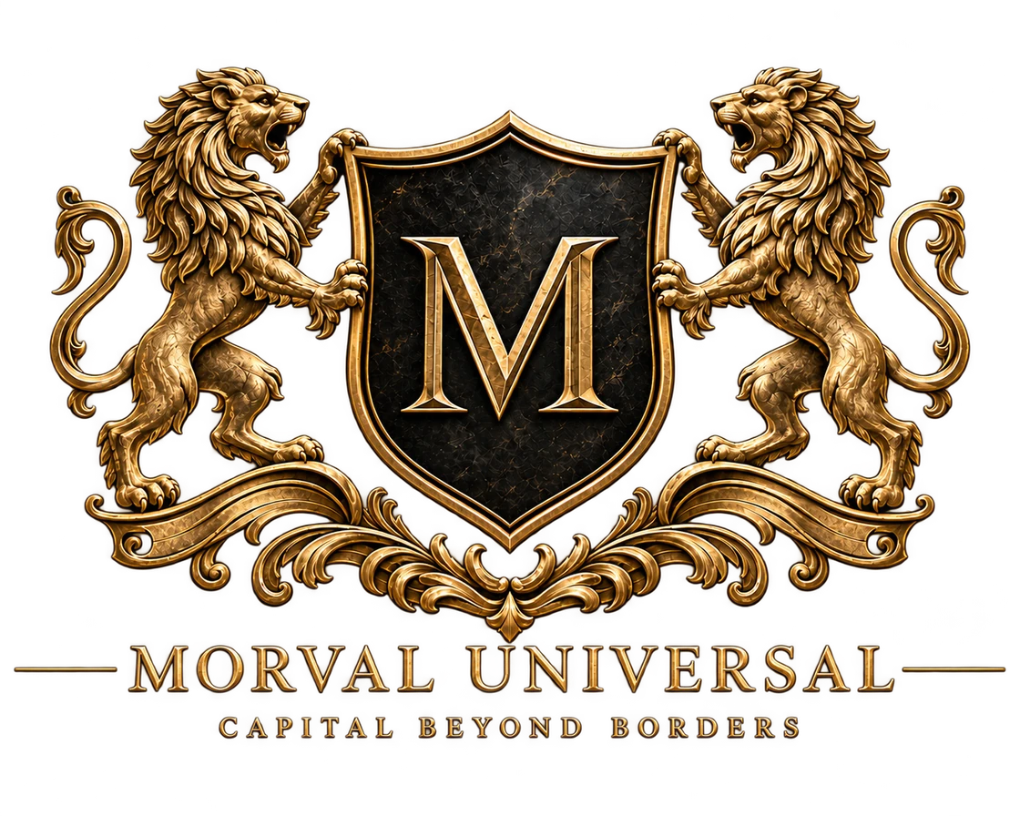 Morval Universal coat of arms: two gold lions supporting the Morval shield, with the motto Capital Beyond Borders